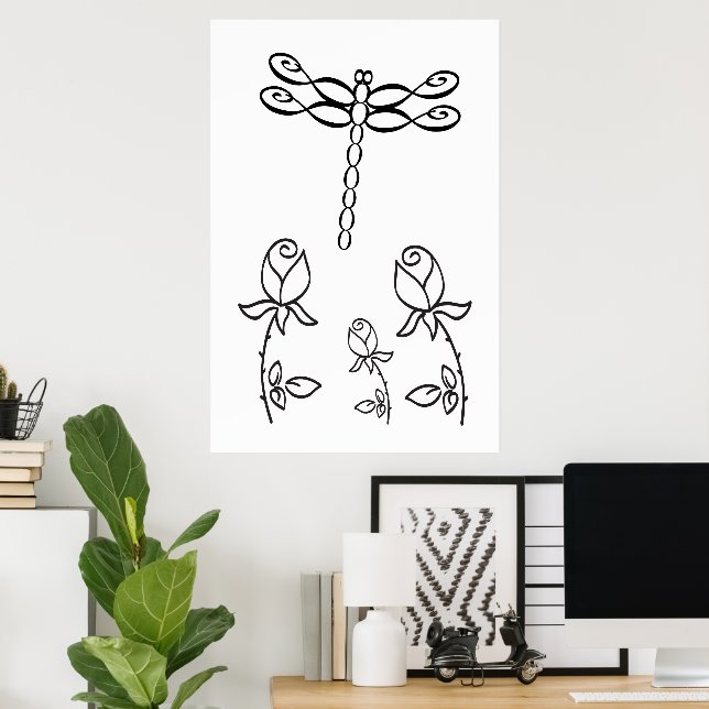 Affiche Infinity Dragonfly with Roses Black and White (Bureau à domicile)