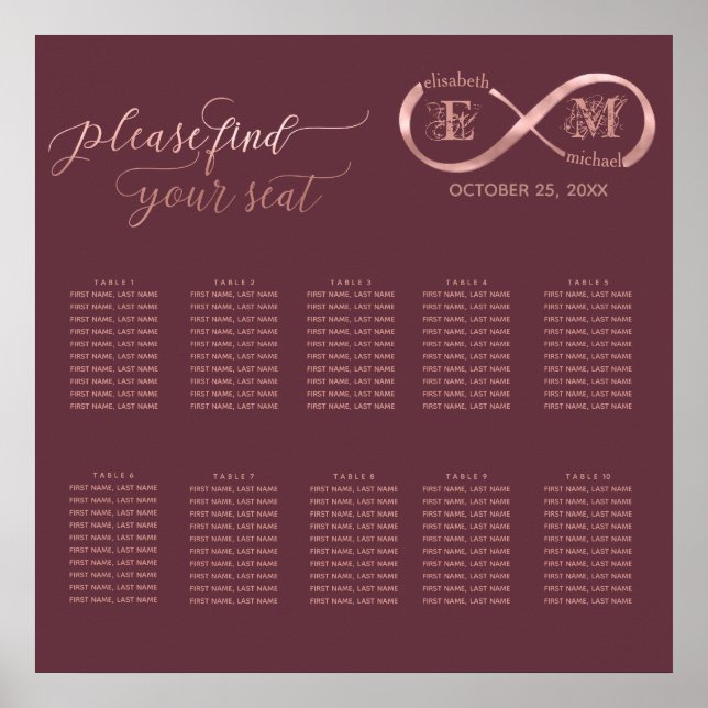 Affiche Infinity rose or romantique monogramme calligraphi (Devant)