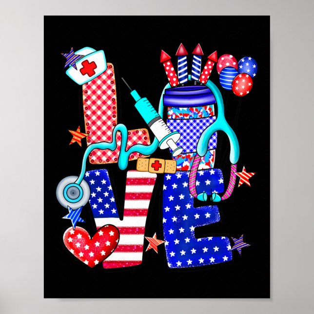 Affiche Infirmière Amour 4 juillet Drapeau américain Memor (Devant)