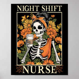 Affiche Infirmière de nuit florale squelette Halloween Rn