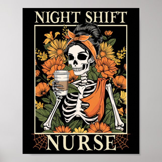 Affiche Infirmière de nuit florale squelette Halloween Rn  (Devant)