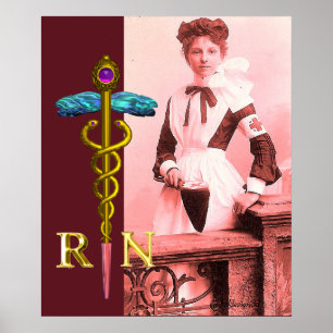 Affiche INFIRMIÈRE RÉTRO et Emblème Caducée NR Or