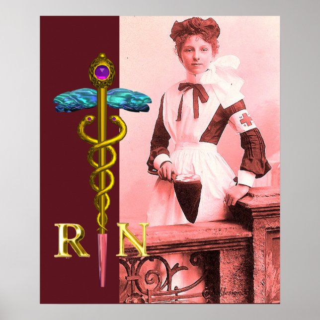 Affiche INFIRMIÈRE RÉTRO et Emblème Caducée NR Or (Devant)