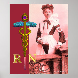 Affiche INfirmière RÉTRO et Emblème Caducée NR Or