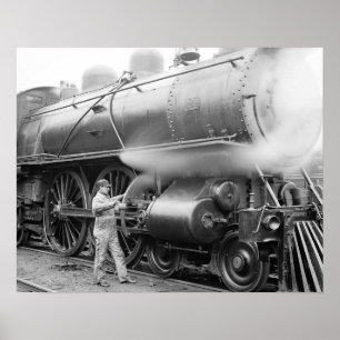 Affiche Ingénieur huilant une locomotive, 1904. Photo anci