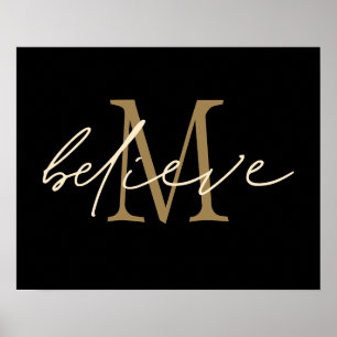 Affiche Initiale monogramme or en script Believe Noir
