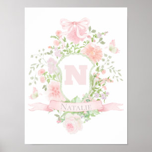 Affiche initiale prénom fleurs roses bébé fille