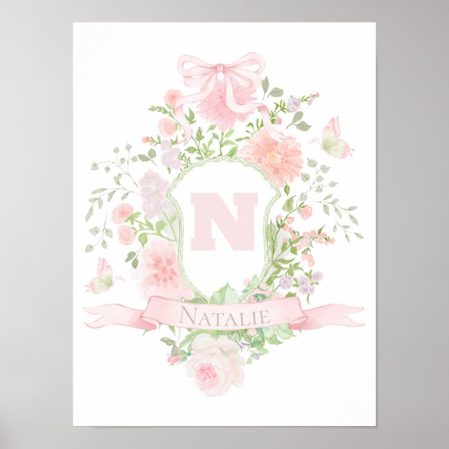 Affiche initiale prénom fleurs roses bébé fille (Devant)