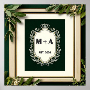 Affiche Initiales de mariage vintage avec couronne