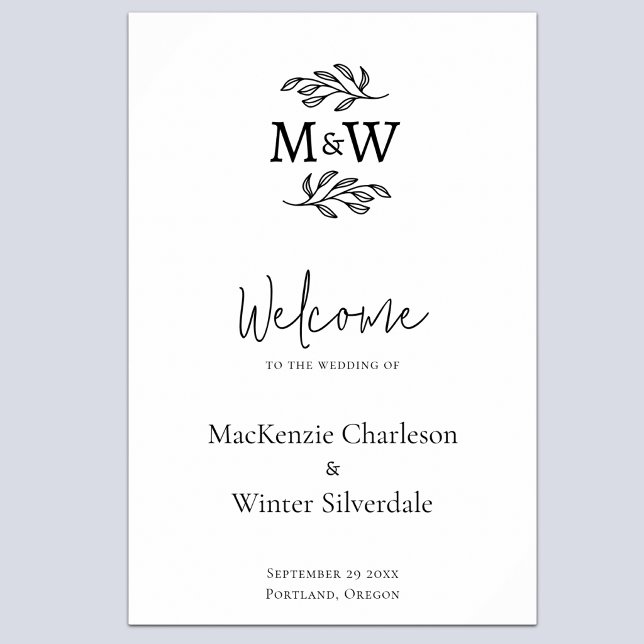 Affiche Initiales de monogramme de couple de mariage botan (Modern minimalist wedding couple monogram initial wedding welcome sign)
