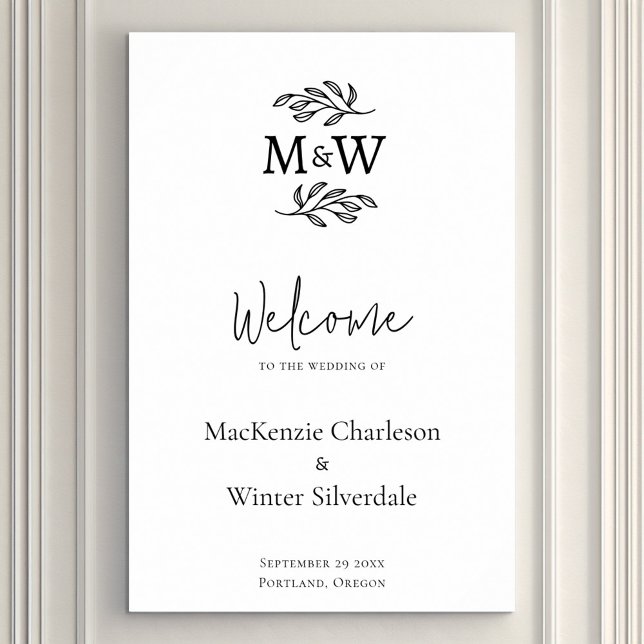 Affiche Initiales mariage Monogramme Couple Accueil Botani (Modern minimalist wedding couple monogram initial wedding welcome sign)