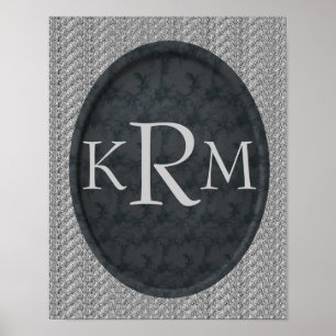 Affiche Initiales Monogramme Élégant Fleur Noir 