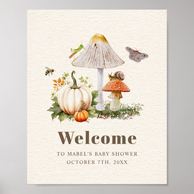 Affiche Insectes Champignons Bois Baby shower Citrouille (Devant)