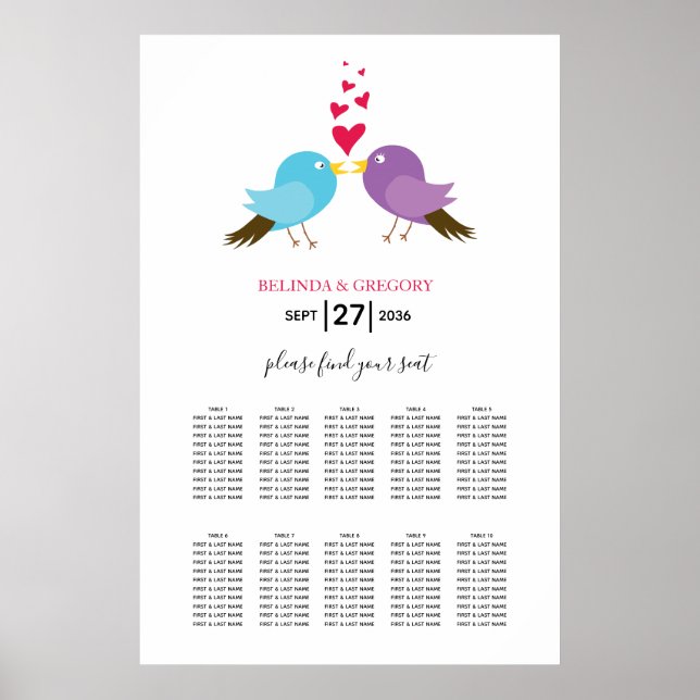Affiche Inséparables & Coeurs Mariage Carte de siège (Devant)