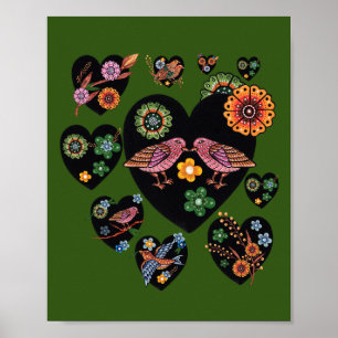 Affiche Inséparables Scandinaves Folk Art Saint Valentin