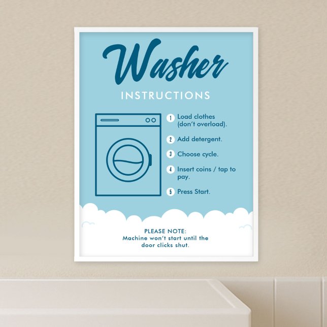 Affiche Instructions de lave-linge Panneau d'affichage de  (Fully editable blue and white laundromat washer instructions poster template)
