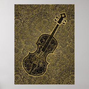 Affiche Instrument de musique Cello Gold Taupe Filigree
