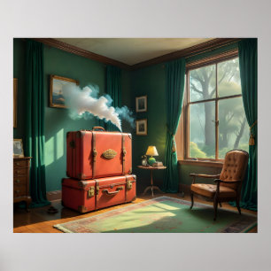 Affiche Intérieur vintage avec valises-train et fumée
