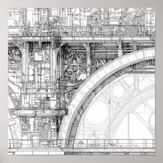 Affiche Intricate Steampunk Scaffolding Technical Line Art