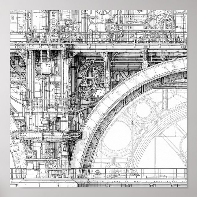 Affiche Intricate Steampunk Scaffolding Technical Line Art (Devant)