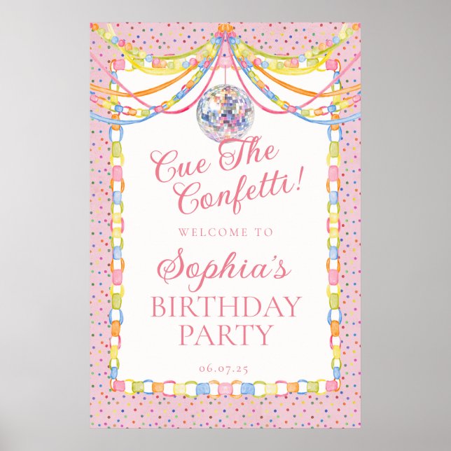 Affiche Invitation à la fête d'anniversaire Rose Confetti (Devant)