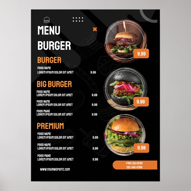 Affiche Invitation au menu du restaurant de burgers élégan (Devant)