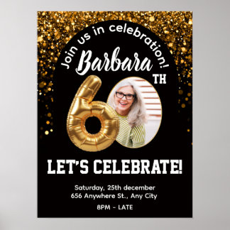 Affiche Invitation d'anniversaire Confettis Or Noir 60 ans