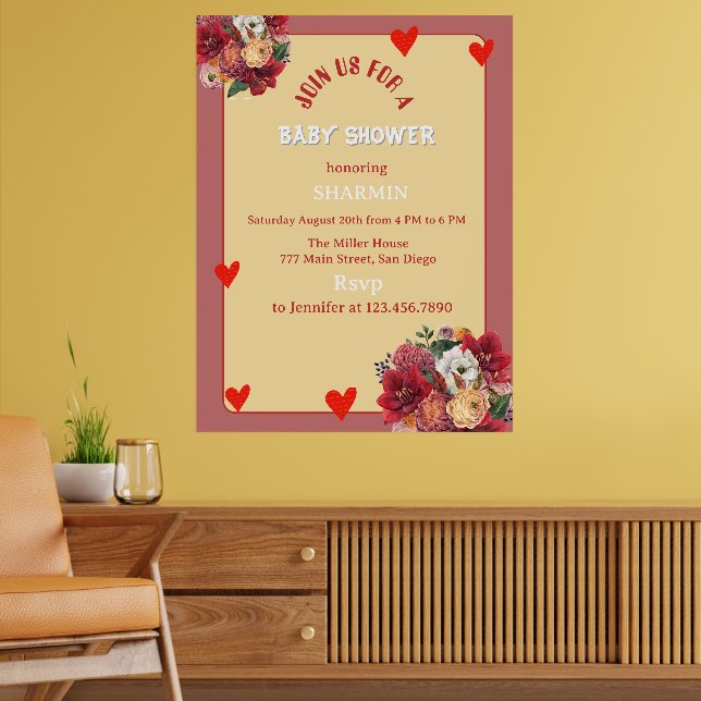 Affiche Invitation de Baby Shower Fleur et Cœur (Salon 2)