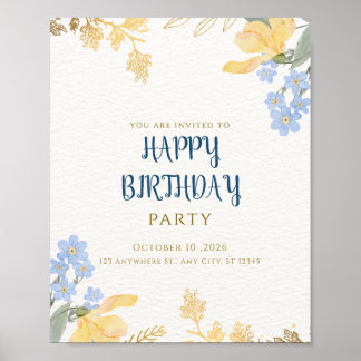 Affiche Invitation élégante d'anniversaire avec fleurs à l