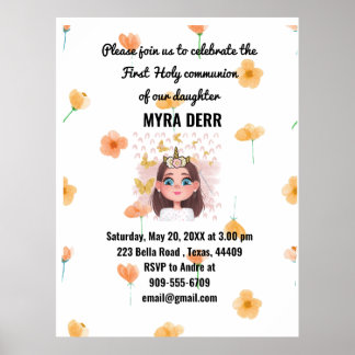 Affiche Invitation Fleur Orange pour la Première Communion
