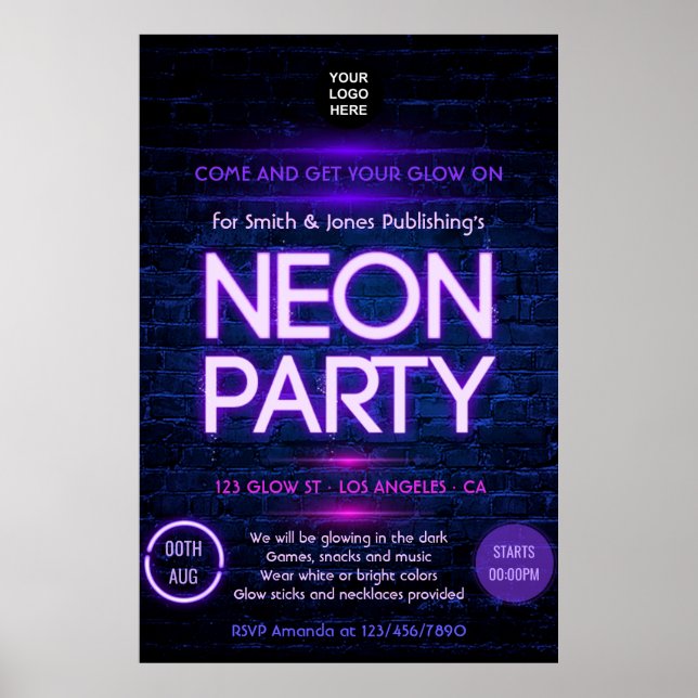 Affiche Invitation néon lumineuse dans le noir pour soirée (Devant)
