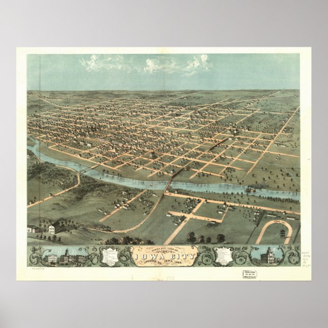 Affiche Iowa City Iowa 1868 Carte panoramique antique (Devant)