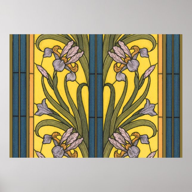 Affiche Iris Fleur Art Nouveau Vitrail Bleu Or (Devant)