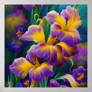 Affiche Iris Floral Violet et bleu or feuilles