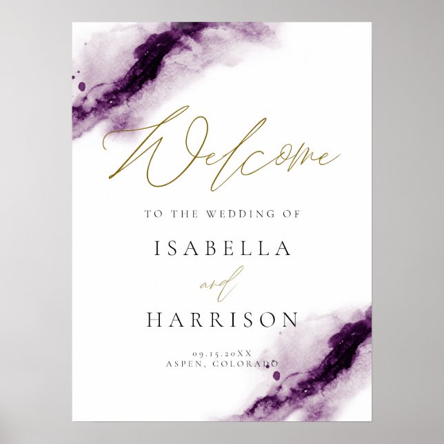 Affiche IRIS | Plum Purple Aquarelle Splash Gold Welcome (Devant)