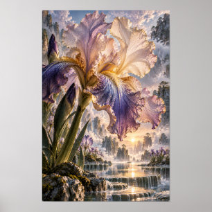 Affiche Iris Violet et Crème avec Paysage de Cascade Mural