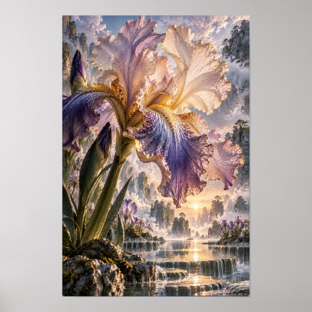 Affiche Iris Violet et Crème avec Paysage de Cascade Mural (Devant)