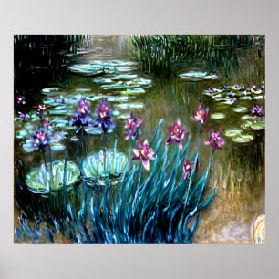 Affiche Irises et nymphes d'eau dans le jardin de Giverny