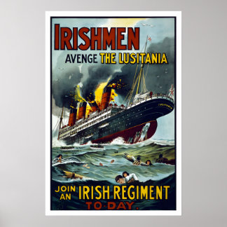 Affiche Irlandais ! Vengez le Lusitania ! Réclame de recru