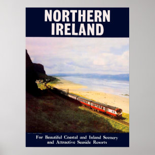 Affiche Irlande du Nord, train ferroviaire sur la côte