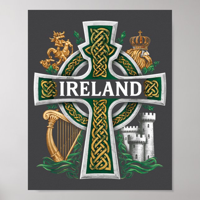 Affiche Irlande St Patrick Jour Croix Celtique Verte Céléb (Devant)