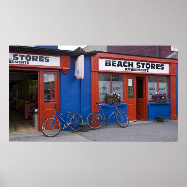 Affiche Irlande, Strandhill Boutiques avec vélos (Devant)