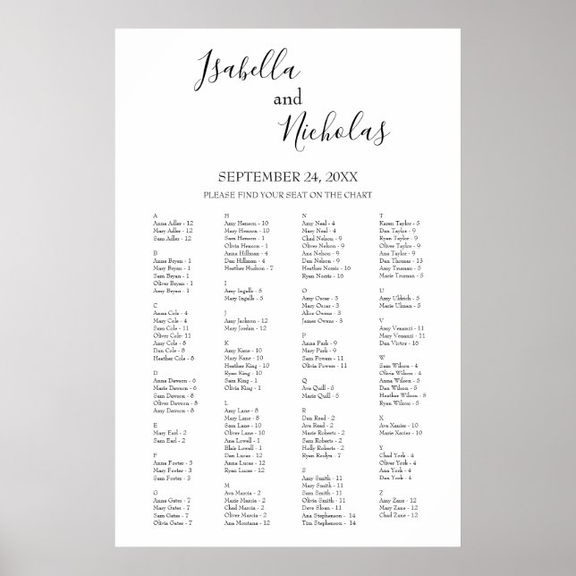 Affiche Isabella Elegant Alphabetical Seating Chart (Devant)
