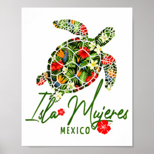Affiche Isla Mujeres Mexique Tortue de mer Hibiscus Tropic