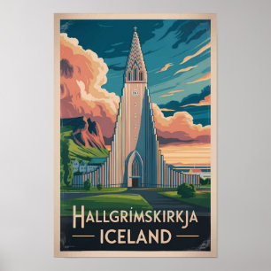 Affiche Islande Hallgrimskirkja Illustration Voyage Art
