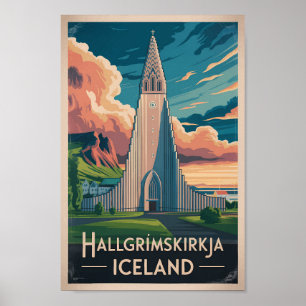 Affiche Islande Hallgrimskirkja Illustration Voyage Art