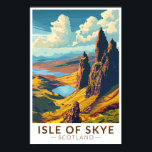 Affiche Isle of Skye Scotland Travel Art Vintage<br><div class="desc">Modèle de déplacement vectoriel rétro Isle of Skye. L'île de Skye,  reliée par un pont à la côte nord-ouest de l'Écosse,  est connue pour ses paysages accidentés,  ses villages de pêcheurs pittoresques et ses châteaux médiévaux.</div>