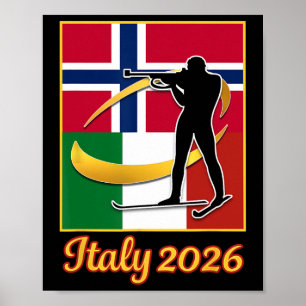 Affiche Italie 2026 Biathlon Norvège et Italie Drapeau Hiv