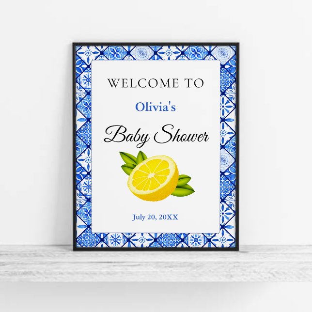 Affiche Italie Carrelage bleu citron Baby shower accueil (Italian Blue Tile Lemon Baby Shower Welcome Sign )