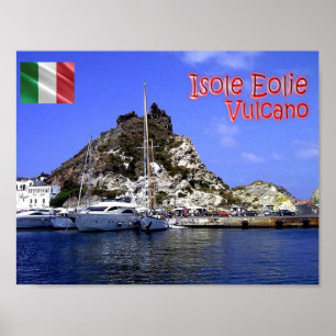 Affiche Italie - Îles Éoliennes - Volcan - Port -